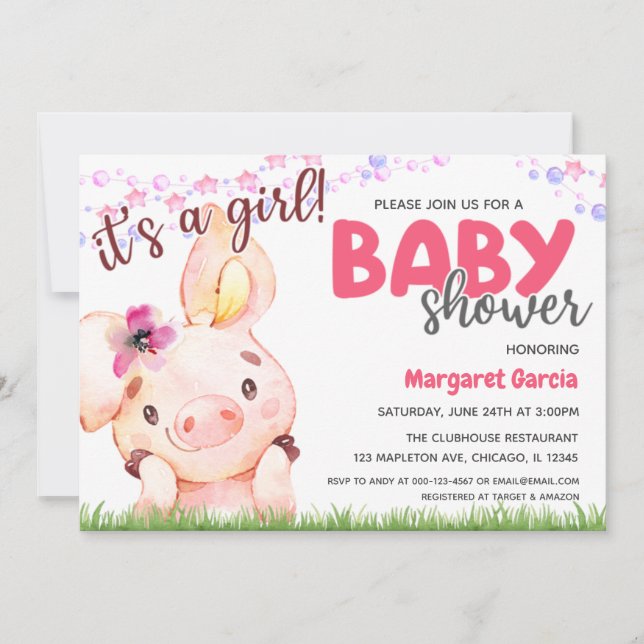 Farm Animal Piggy Baby Girl Pig Baby Shower Invitation (Front)