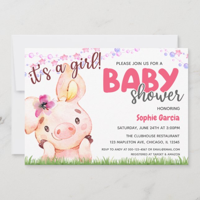 Farm Animal Piggy Baby Pig Girl Baby Shower Invitation (Front)
