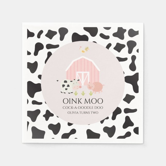Farm Animal Pink Barn Cow Print Birthday Napkin (Front)