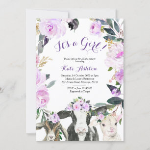 Farm Animal Purple Floral Girl Baby Shower Invitation