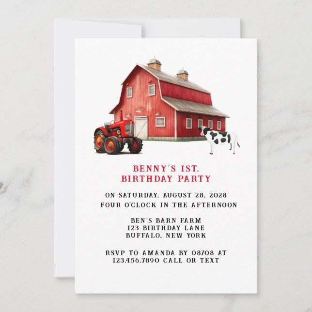 Farm Animal Red Barn Tractor 1st. Birthday Party Invitation (Front)