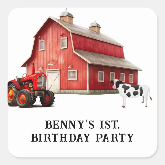 Farm Animal Red Barn Tractor 1st. Birthday Party Square Sticker (Front)