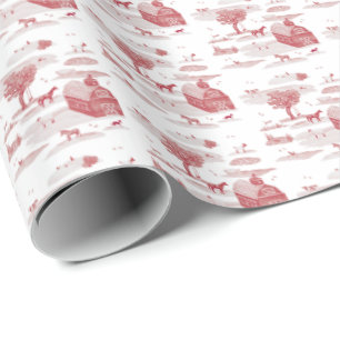 Farm Animal Toile (Red) Wrapping Paper
