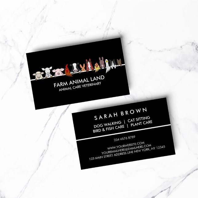 Farm Animal Veterinary Black Business Card (pet animal dog cat veterinary farm)