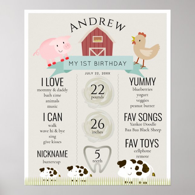 Farm Animals1st Birthday Milestone Beige Poster (Front)