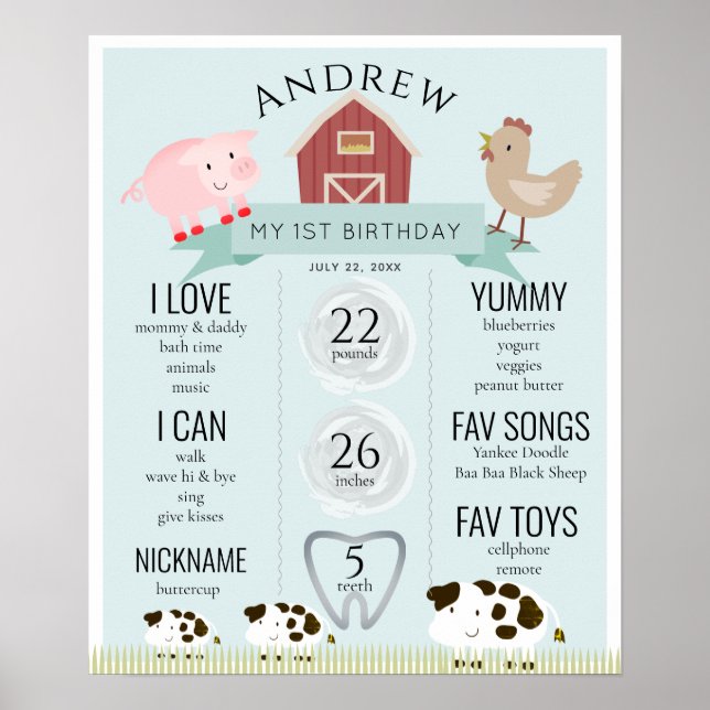 Farm Animals1st Birthday Milestone Blue Poster (Front)