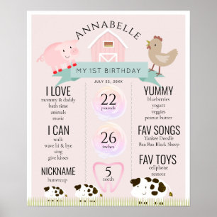 Farm Animals1st Birthday Milestone Pink Poster