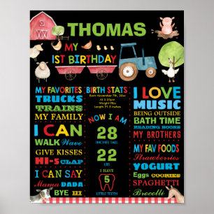 Farm Animals 1st Birthday Milestone Birth Stats Poster