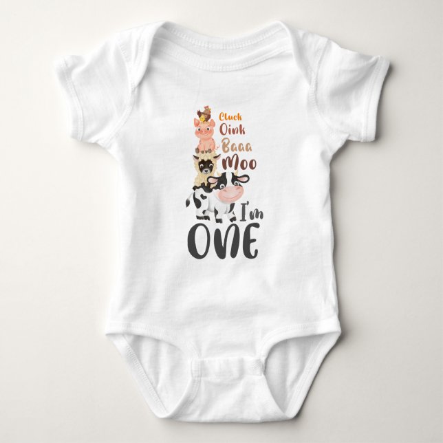 Farm Animals 1st Birthday Moo Holy cow I'm One  Baby Bodysuit (Front)
