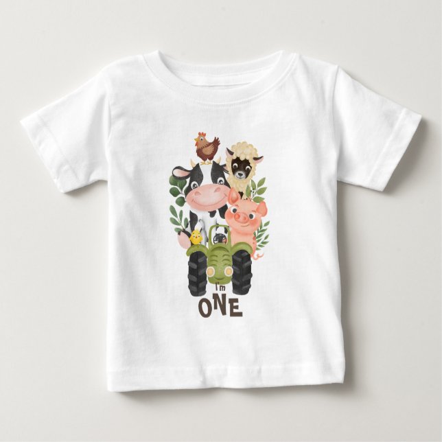 Farm Animals 1st Birthday Moo Holy cow I'm One  Baby T-Shirt (Front)