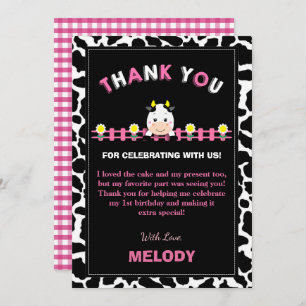 Farm Animals 1st Birthday Party Girl Barnyard Pink Thank You Card