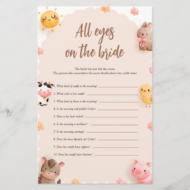 Farm Animals All Eyes on the Bride Shower Game (Front)