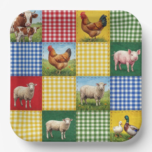 Farm Animals and Gingham Patchwork Quilt Paper Plate (Front)