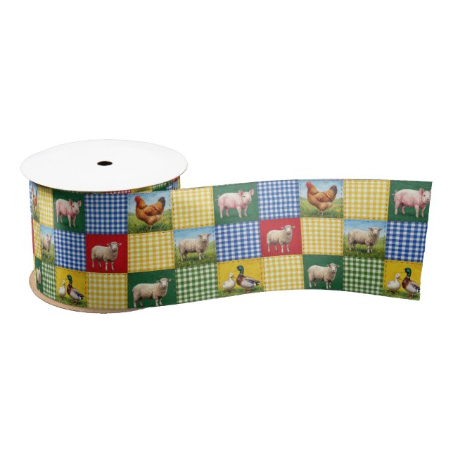 Farm Animals and Gingham Patchwork Quilt Satin Ribbon (Spool)