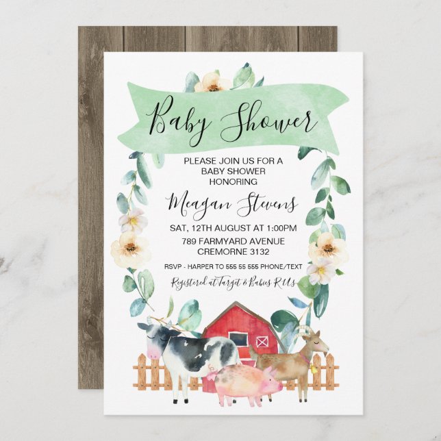 Farm Animals And Wreath Baby Shower Invitation (Front/Back)