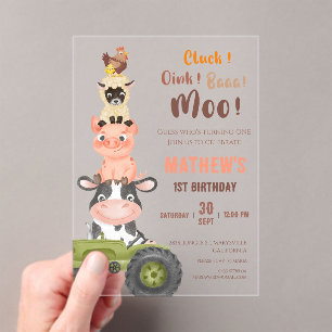 Farm animals Baa Moo Holy Cow 1st 2nd Birthday Acrylic Invitations