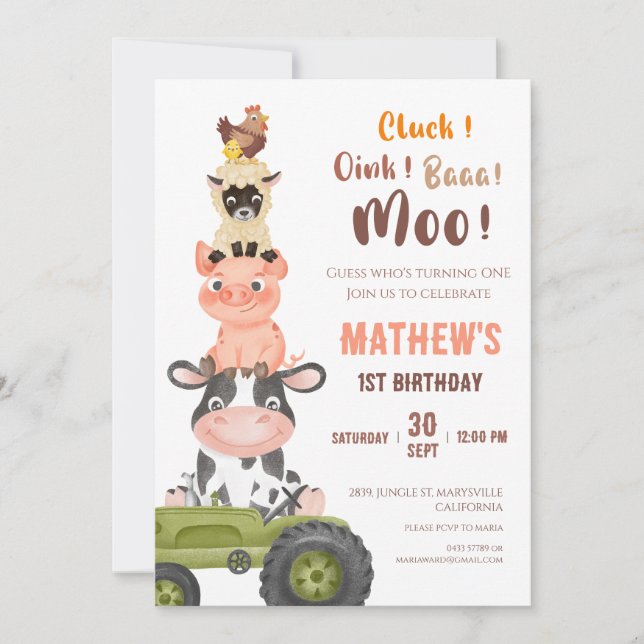 Farm animals Baa Moo Holy Cow 1st 2nd Birthday Invitation (Front)