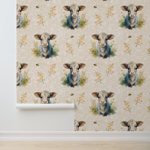 Farm Animals Baby Cow Calf Floral Greenery Cream Wallpaper