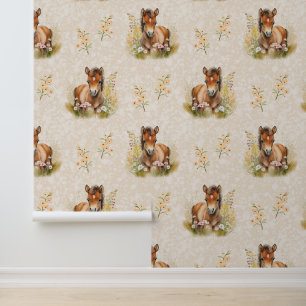 Farm Animals Baby Horse Floral on Cream Wallpaper