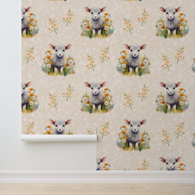 Farm Animals Baby Sheep Floral on Cream Wallpaper (Application)