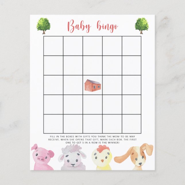 Farm animals - Baby shower bingo game (Front)