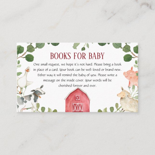 Farm Animals Baby Shower Books for Baby Business Card (Front)