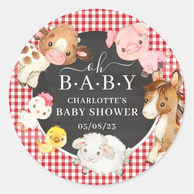 Farm Animals Baby Shower Favour Classic Round Stic Sticker (Front)