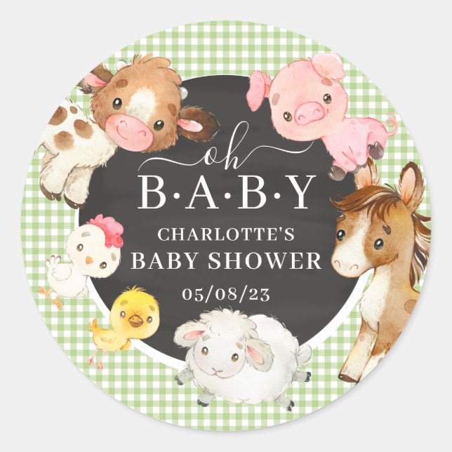 Farm Animals Baby Shower Favour Classic Round Sticker (Front)