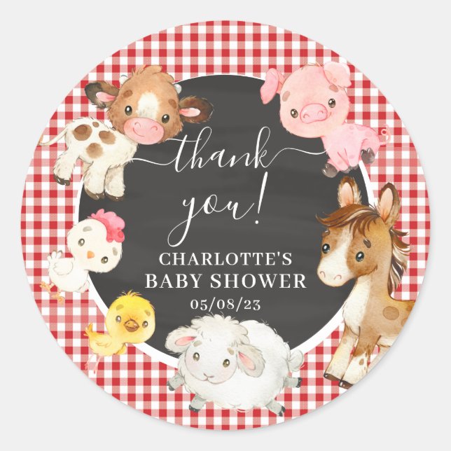 Farm Animals Baby Shower Favour Classic Round Sticker (Front)