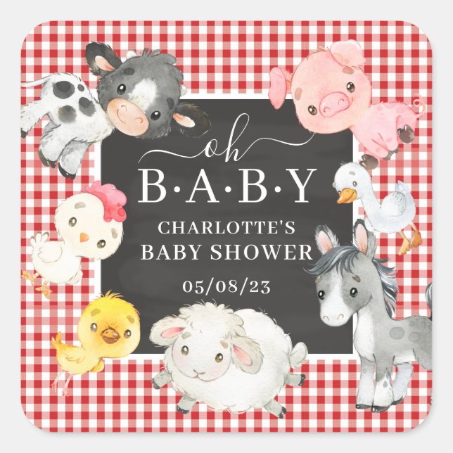 Farm Animals Baby Shower Favour Square Sticker (Front)