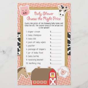 Farm Animals Baby Shower Guess Right Price Game