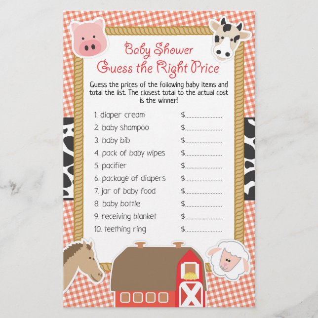Farm Animals Baby Shower Guess Right Price Game (Front)