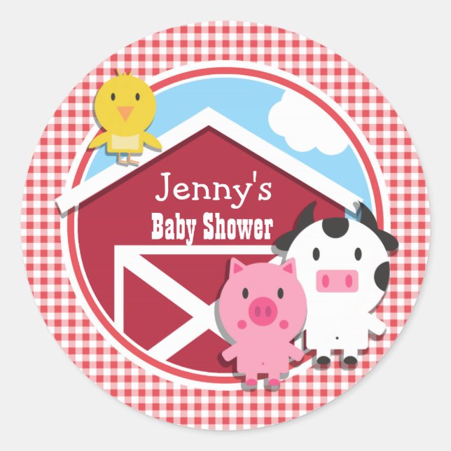 Farm Animals Baby Shower; Red & White Gingham Classic Round Sticker (Front)