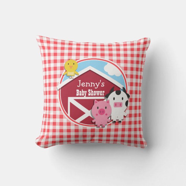 Farm Animals Baby Shower; Red & White Gingham Cushion (Front)