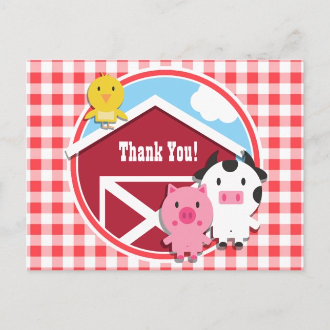 Farm Animals Baby Shower; Red & White Gingham Postcard (Front)