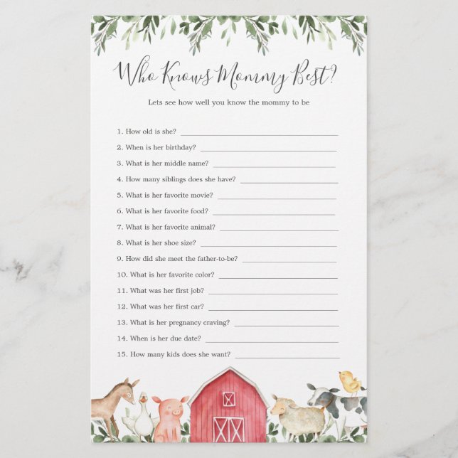 Farm Animals Baby Shower Who Knows Mummy Best (Front)