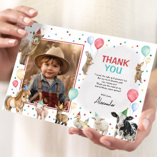 Farm Animals Balloon Confetti Boy Birthday Party Thank You Card