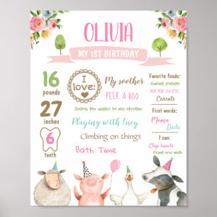 Farm Animals Barn First Birthday Girl Milestones Poster