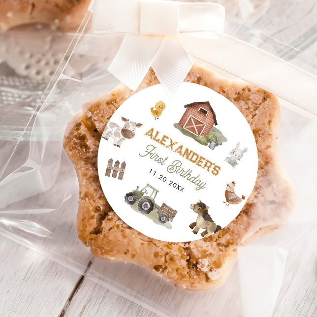 Farm Animals Barnyard 1st Birthday Classic Round Sticker (Creator Uploaded)