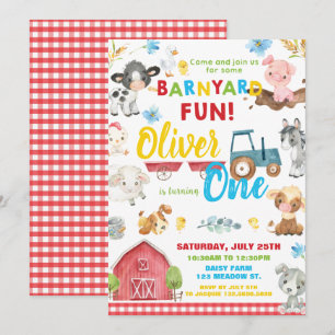 Farm Animals Barnyard 1st Birthday Turning One Inv Invitation