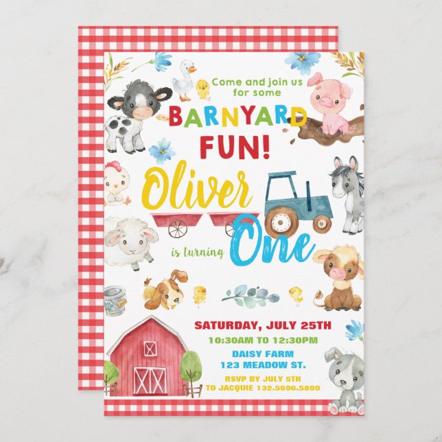 Farm Animals Barnyard 1st Birthday Turning One Inv Invitation (Front/Back)
