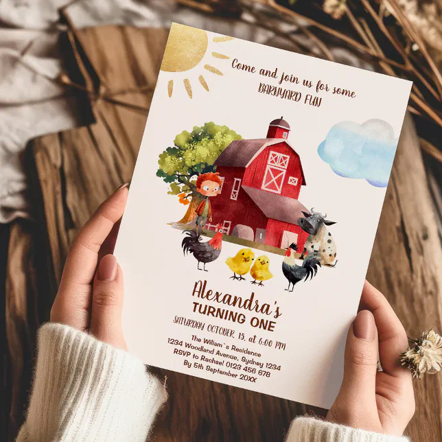 Farm Animals Barnyard 1st Birthday Turning One Invitation | Zazzle