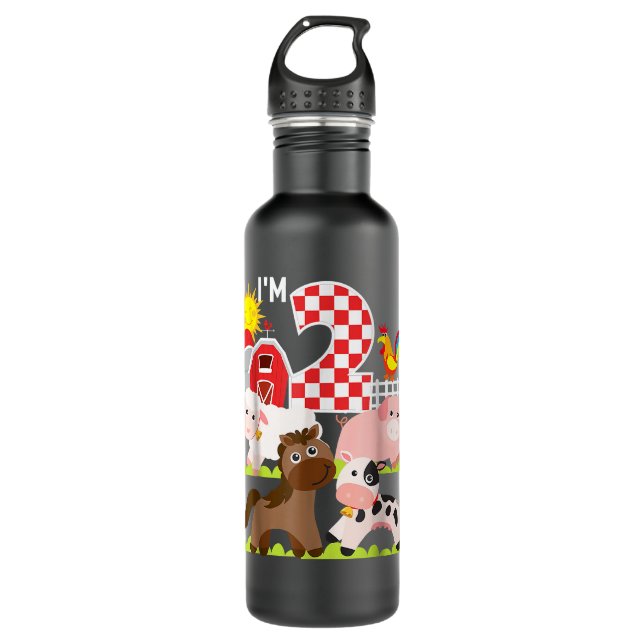 Farm Animals Barnyard 2nd Birthday Im 2 Year Old T 710 Ml Water Bottle (Front)