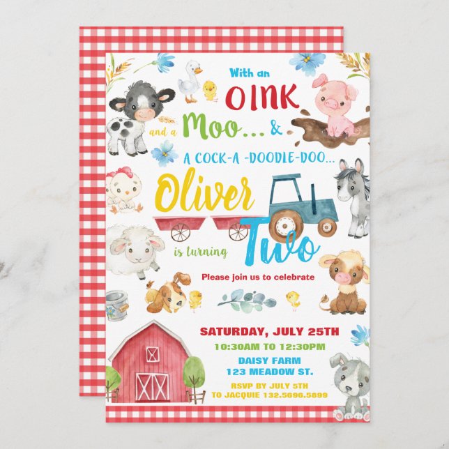 Farm Animals Barnyard 2nd Birthday Turning Two Invitation (Front/Back)