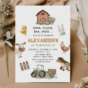 Farm Animals Barnyard 3rd Birthday Invitation