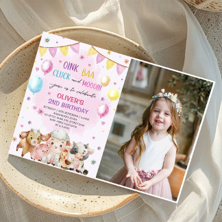 Farm Animals Barnyard Balloon Birthday Photo  Invitation