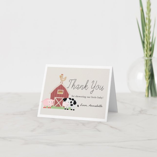 Farm Animals Barnyard Beige Baby Shower Thank You Card (Front)