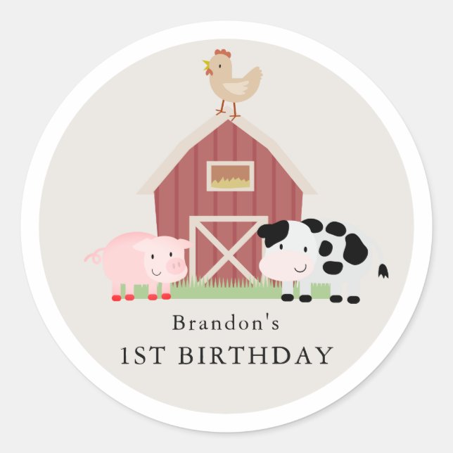 Farm Animals Barnyard Beige Birthday Classic Round Sticker (Front)