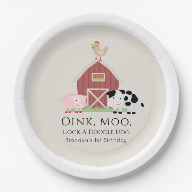 Farm Animals Barnyard Beige Birthday Paper Plate (Front)