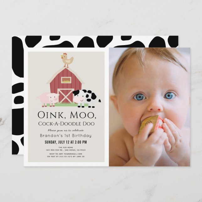 Farm Animals Barnyard Beige Photo 1st Birthday Invitation (Front/Back)